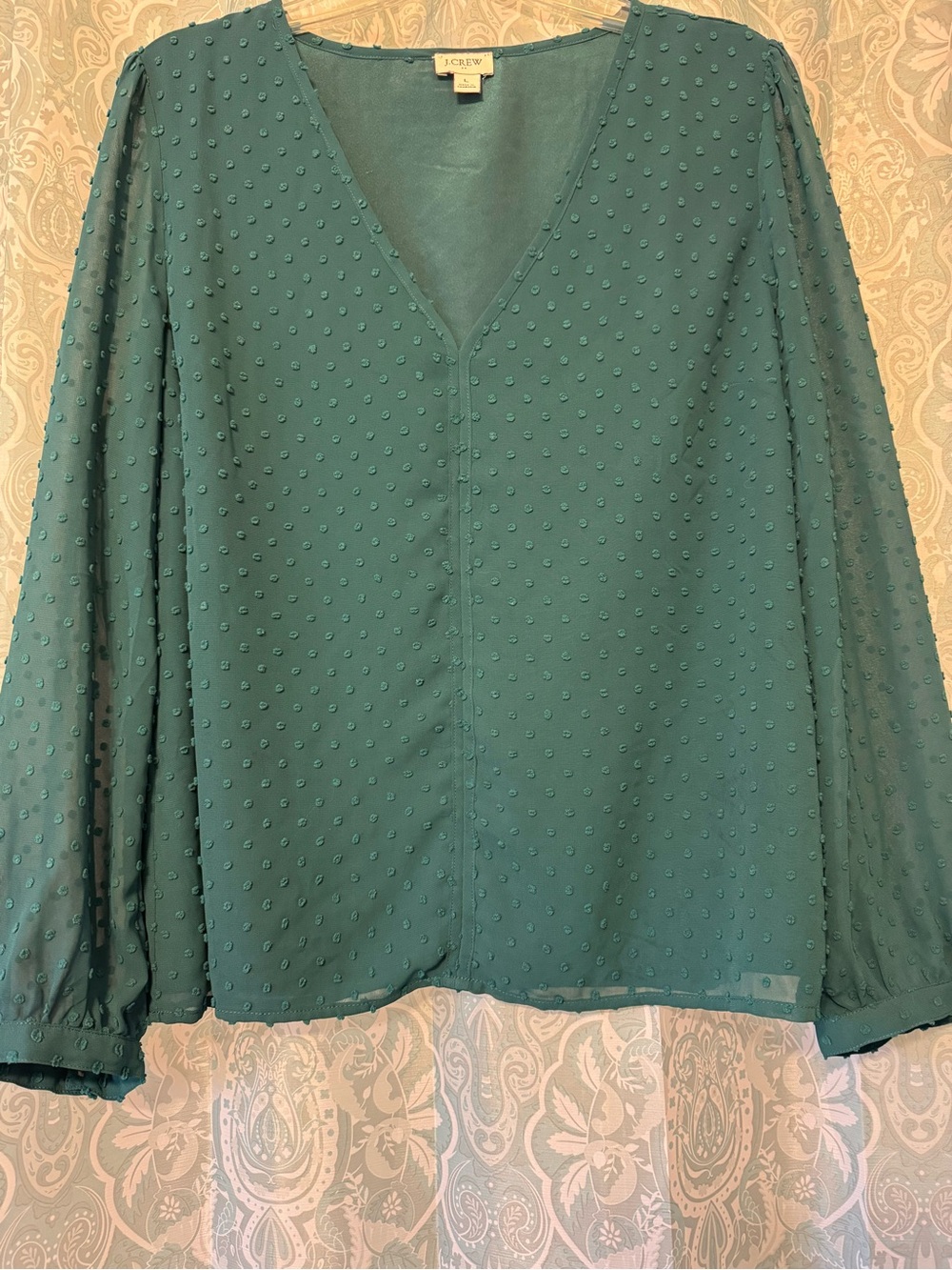 J. Crew Emerald Green Swiss Dot V-Neck Long Sleeve Blouse